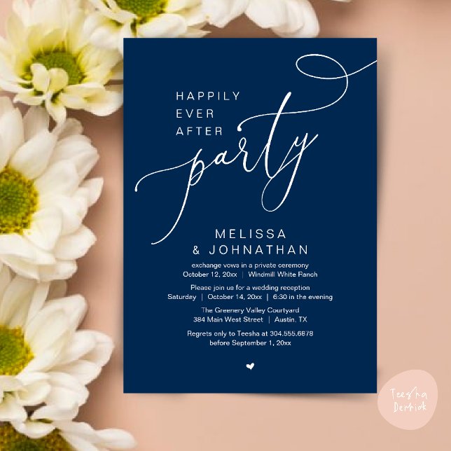 Invitation Heureusement Jamais Après La Fête Réception De Mar (Happily Ever After Party Modern Wedding Reception Dinner Brunch Lunch Invites card PDF Navy Blue)