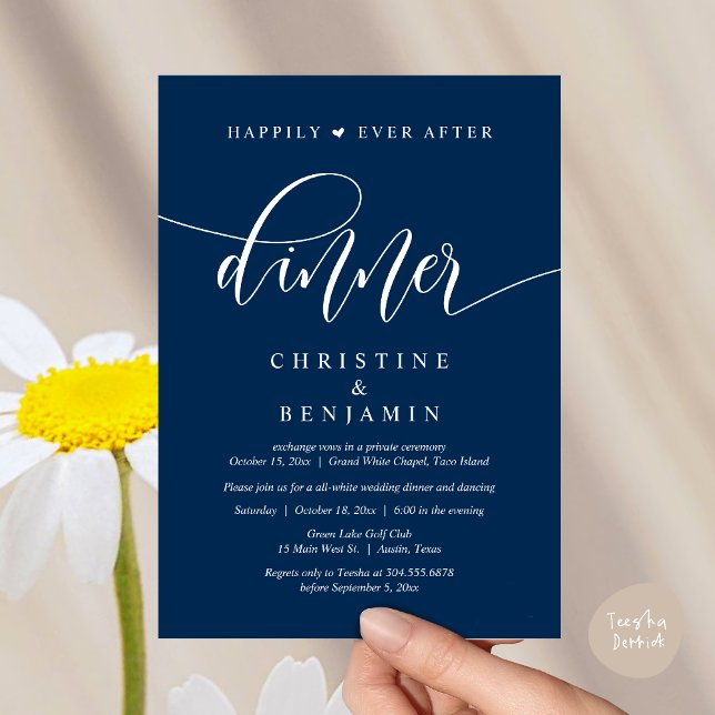 Invitation Heureusement Jamais Après Le Dîner, Mariage Fête D (Happily Ever After Dinner, Wedding Party Dancing Invitation Card PDF Modern Romantic Navy Blue)