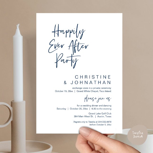 Invitation Heureusement Jamais Après, Soirée Mariage moderne (Wedding Happily Ever After Party Dinner Brunch Elopement Invitation Card, PDF, Navy Blue)