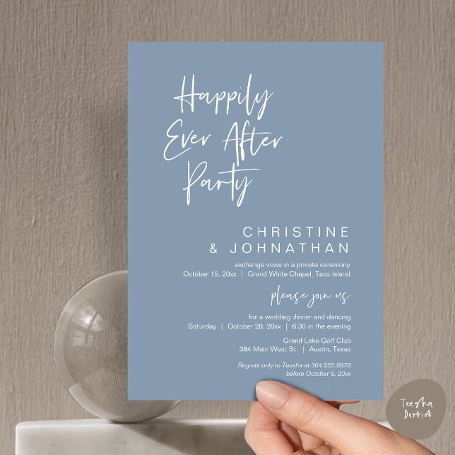 Invitation Heureusement Jamais Après, Soirée Mariage moderne (Wedding Happily Ever After Party Dinner Brunch Elopement Invitation Card, PDF, Dusty Blue)