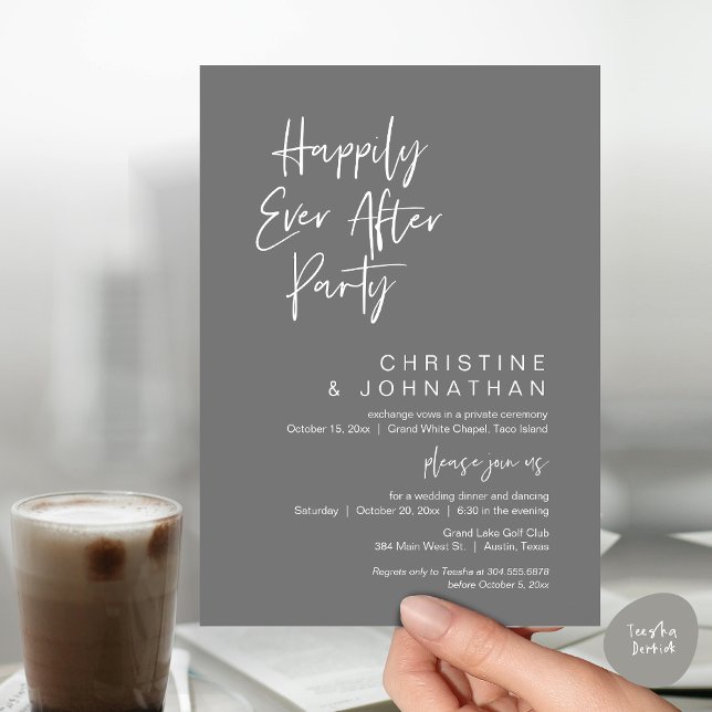 Invitation Heureusement Jamais Après, Soirée Mariage moderne (Wedding Happily Ever After Party Dinner Brunch Elopement Invitation Card, PDF, Dark Grey)
