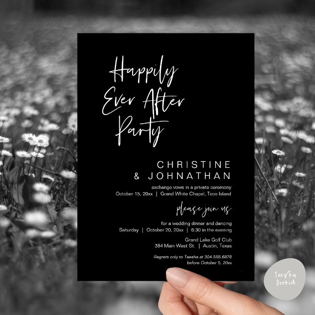 Invitation Heureusement Jamais Après, Soirée Mariage moderne (Wedding Happily Ever After Party Dinner Brunch Elopement Invitation Card, PDF, Classy Black)