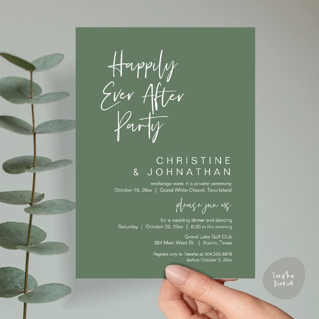 Invitation Heureusement Jamais Après, Soirée Mariage moderne (Wedding Happily Ever After Party Dinner Brunch Elopement Invitation Card, PDF, Forest Sage Green)