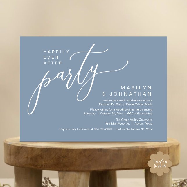 Invitation Heureusement Jamais Après Un Mariage De Fête Récep (Happily Ever After Party Modern Romantic Wedding Reception Dinner Invitation Card PDF Dusty Blue)