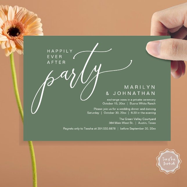 Invitation Heureusement Jamais Après Un Mariage De Fête Récep (Happily Ever After Party Modern Romantic Wedding Reception Dinner Invitation Card PDF Sage Green)