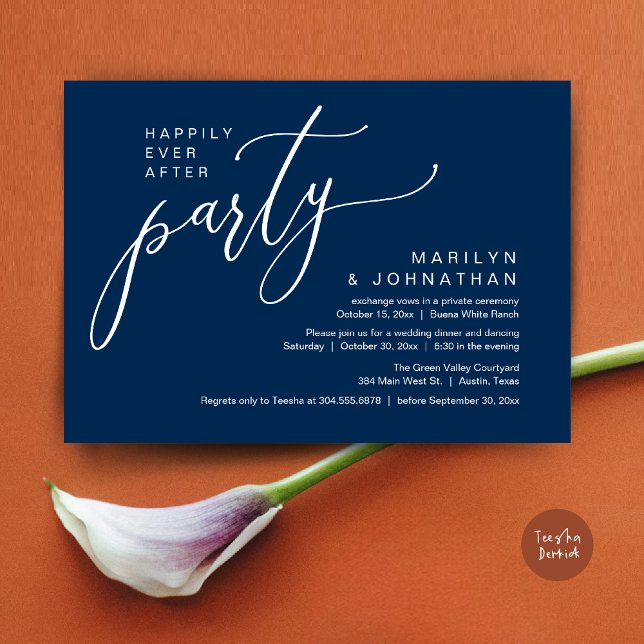 Invitation Heureusement Jamais Après Un Mariage De Fête Récep (Happily Ever After Party Modern Romantic Wedding Reception Dinner Invitation Card PDF Navy Blue)