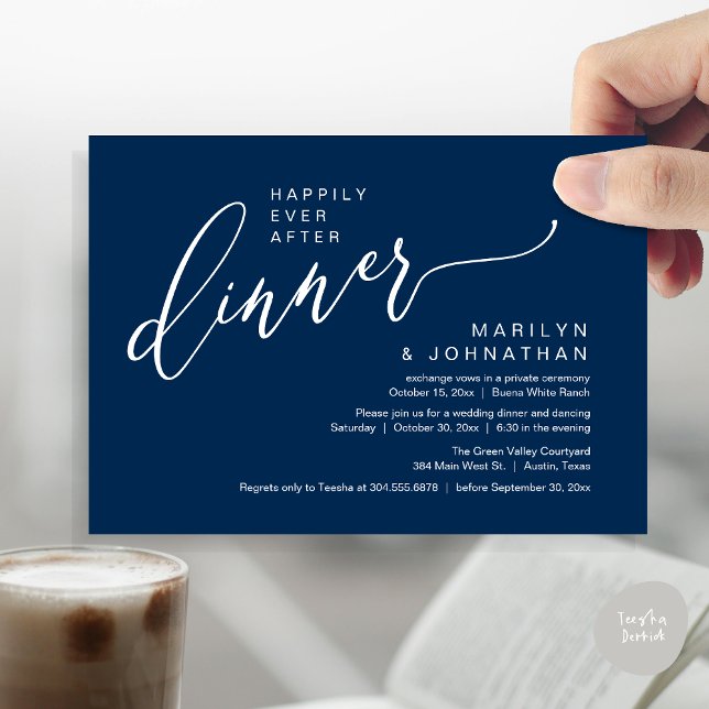 Invitation Heureusement Jamais Après Un Mariage De Fête Récep (Happily Ever After Party Modern Romantic Wedding Reception Dinner Invitation Card PDF Navy Blue)