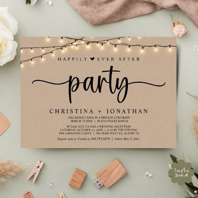 Invitation Heureusement toujours après la fête, String Lights (Happily Ever After party, String Lights Wedding Invitation Card PDF Cottage Brown Kraft)