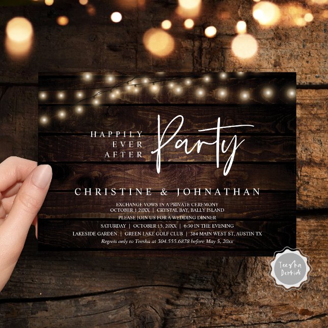 Invitation Heureusement toujours après la fête, String Lights (Happily Ever After party, String Lights Brown dark wood, Wedding Elopement Invitation Cards)