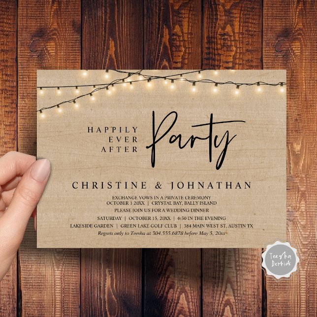 Invitation Heureusement toujours après la fête, String Lights (Happily Ever After party, String Lights Brown Rustic Wood, Wedding Elopement Invitation Cards)