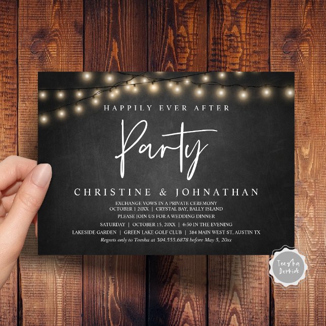 Invitation Heureusement toujours après la fête, String Lights (Happily Ever After party, String Lights chalkboard background, Wedding Elopement Invitation Cards)