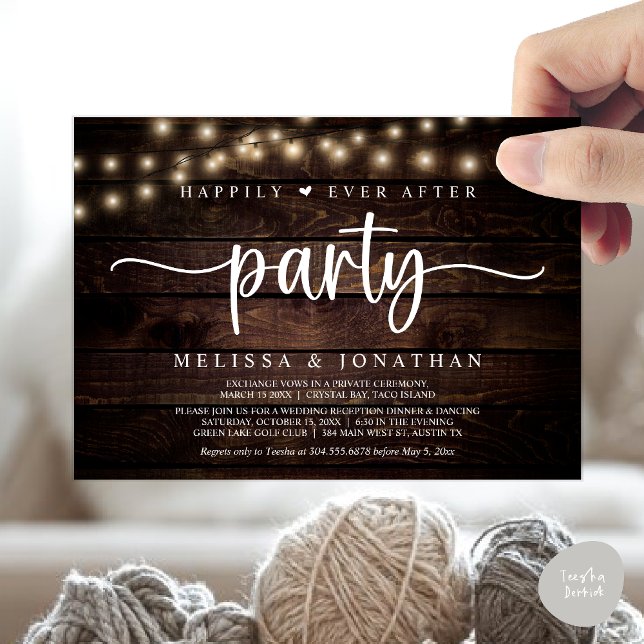 Invitation Heureusement toujours après la fête, String Lights (Happily Ever After Party, Cottage String Lights Elopement Invitation Card, PDF, Brown Wood)