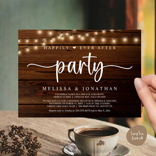 Invitation Heureusement toujours après la fête, String Lights (Happily Ever After Party, Cottage String Lights Elopement Invitation Card, PDF, Brown Wood)