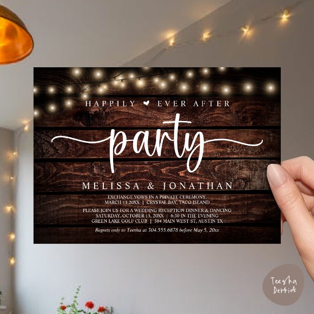 Invitation Heureusement toujours après la fête, String Lights (Happily Ever After Party, Cottage String Lights Elopement Invitation Card, PDF, Brown Wood)