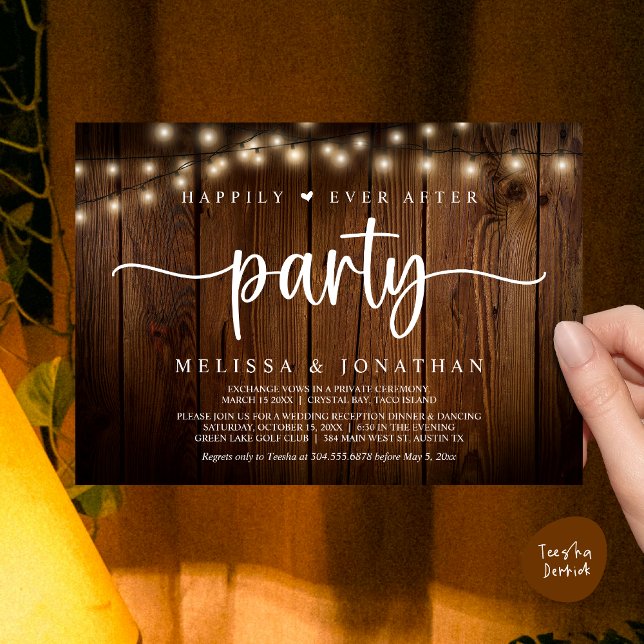 Invitation Heureusement toujours après la fête, String Lights (Happily Ever After Party, Cottage String Lights Elopement Invitation Card, PDF, Brown Wood)