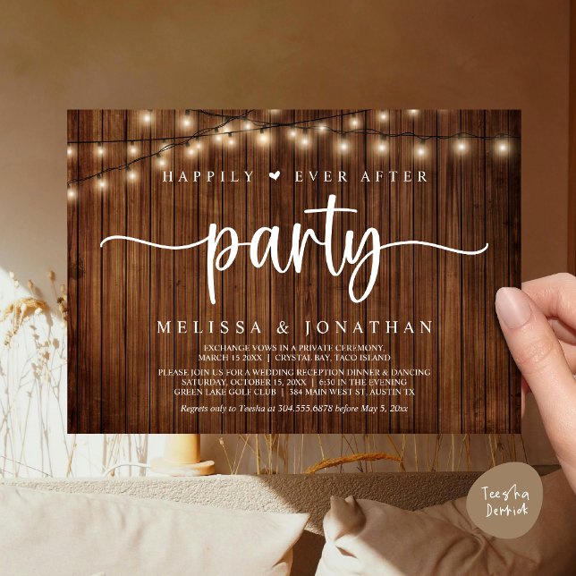 Invitation Heureusement toujours après la fête, String Lights (Happily Ever After Party, Cottage String Lights Elopement Invitation Card, PDF, Brown Wood)