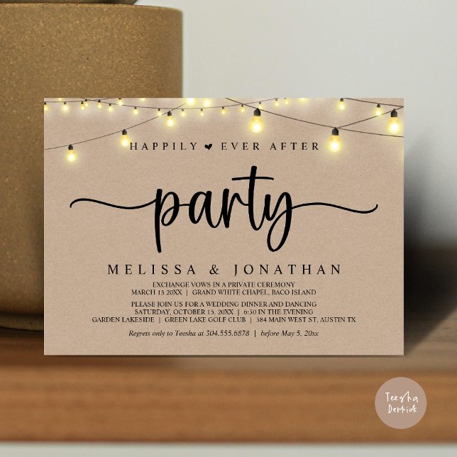 Invitation Heureusement toujours après la fête, String Lights (Happily Ever After Party, Elopement Dinner Dancing, String Lights Invitation Card, PDF, Brown Kraft)