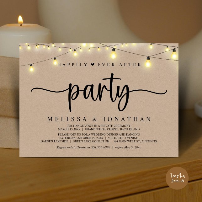 Invitation Heureusement toujours après la fête, String Lights (Happily Ever After Party, Elopement Dinner Dancing, String Lights Invitation Card, PDF, Brown Kraft)