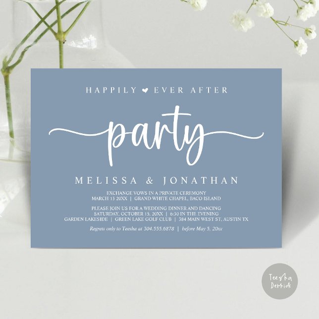 Invitation Heureusement toujours après la fête, String Lights (Happily Ever After Party, Elopement Dinner Dancing, Rustic Cottage Invitation Card, PDF, Dusty Blue)
