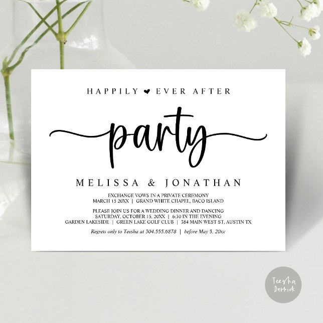 Invitation Heureusement toujours après la fête, String Lights (Happily Ever After Party, Elopement Dinner Dancing, Rustic Cottage Invitation Card, PDF, White Black)