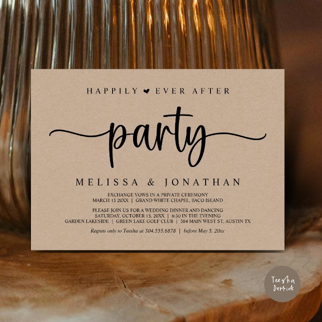 Invitation Heureusement toujours après la fête, String Lights (Happily Ever After Party, Elopement Dinner Dancing, Rustic Cottage Invitation Card, PDF, Brown Kraft)