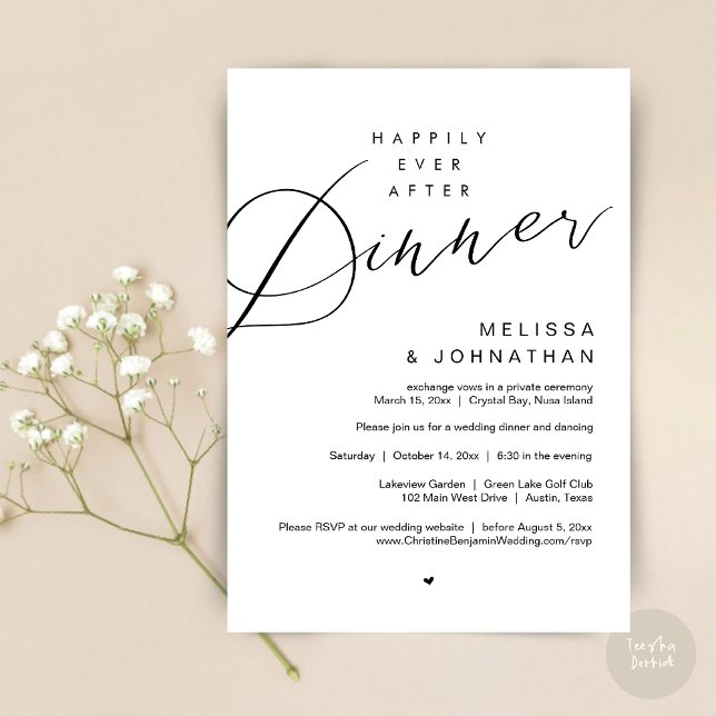 Invitation Heureusement toujours après le dîner, la fête de m (Happily Ever After Dinner Invitation Card, PDF, Modern Romantic Wedding Elopement , in Black White)
