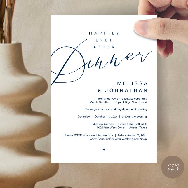 Invitation Heureusement toujours après le dîner, mariage, dan (Happily Ever After Dinner Invitation Card, PDF, Modern Romantic Wedding Elopement , in Navy Blue)