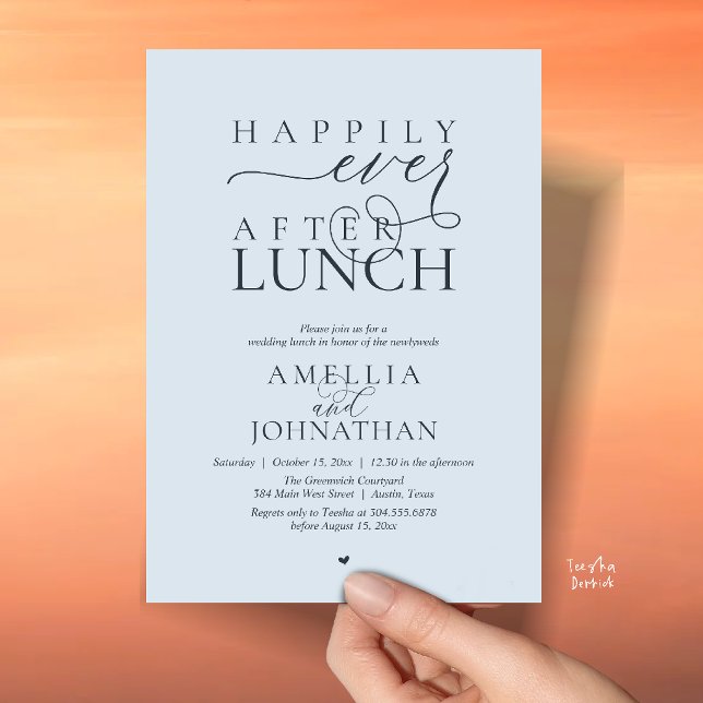 Invitation Heureux à jamais après le déjeuner Mariage moderne (Happily Ever After Lunch Modern Wedding Elopement Invitation Card in misty blue)