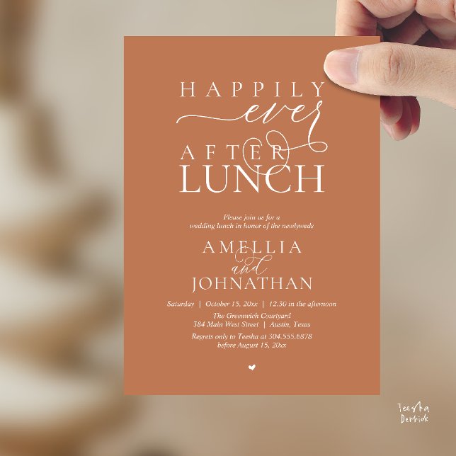 Invitation Heureux à jamais après le déjeuner Mariage moderne (Happily Ever After Lunch Modern Wedding Elopement Invitation Card in terracotta copper brown)