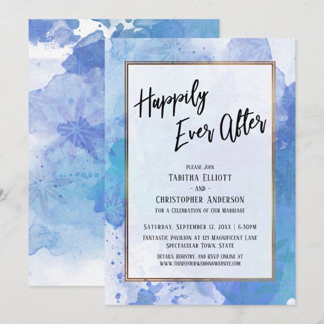 Invitation Heureux À Jamais avec Éclaboussure Bleue Abstraite (Devant / Derrière)