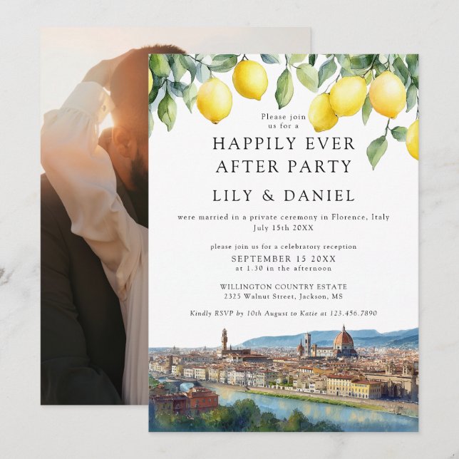 Invitation Heureux à jamais Citrons Florence Photo Mariage (Devant / Derrière)