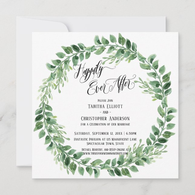 Invitation Heureux à tout jamais Couronne verte de script éla (Devant)