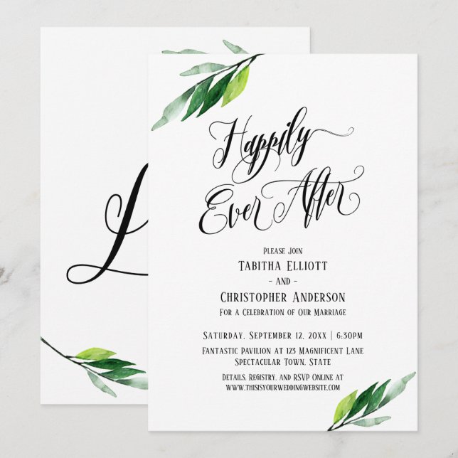 Invitation Heureux à tout jamais Script élaboré de verdure (Devant / Derrière)