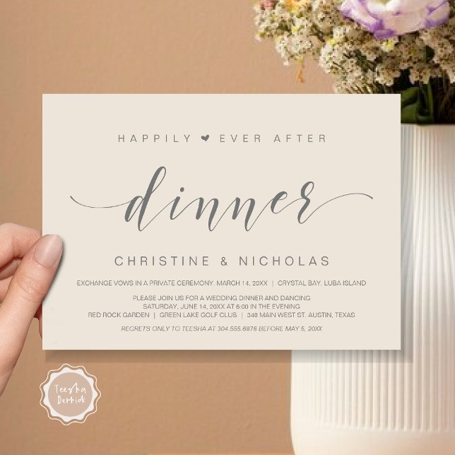 Invitation Heureux après, dîner Mariage Elopement (Happily ever After Dinner Invitation Card, Wedding Elopement Invites, PDF, Modern, Dark Grey Cream)