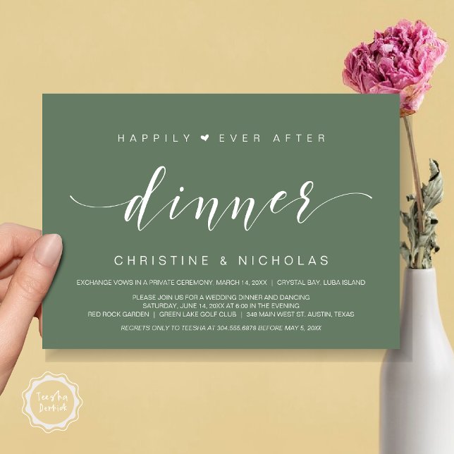 Invitation Heureux après, dîner Mariage Elopement (Happily ever After Dinner Invitation Card, Wedding Elopement Invites, PDF, Modern, Forest Sage Green)