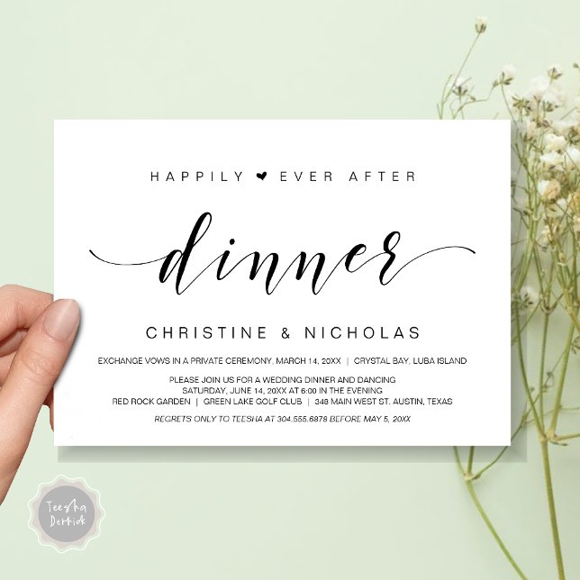 Invitation Heureux après, dîner Mariage Elopement (Happily Ever After Dinner Invitation Card, PDF, Modern Wedding Elopement, Heart, Black and White)