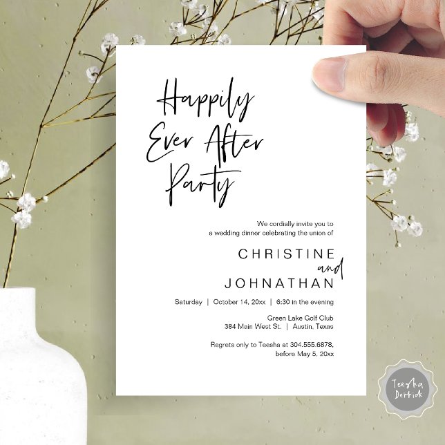 Invitation Heureux Après La Fête, Dîner Mariage Danser (Happily Ever After Party, Modern Wedding Dinner Dancing Invitation Card, PDF, Black and White)
