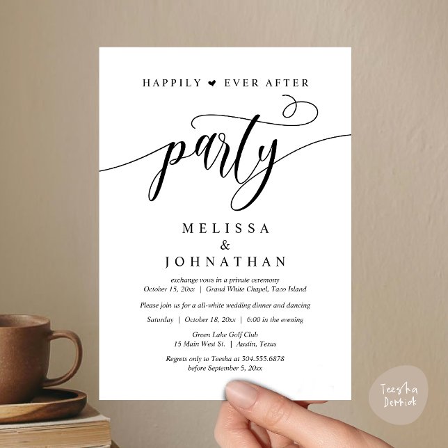Invitation Heureux Après La Fête, Dîner Mariage Danser (Happily Ever After Dinner, Wedding Party Dancing Invitation Card PDF Modern Romantic Black White)