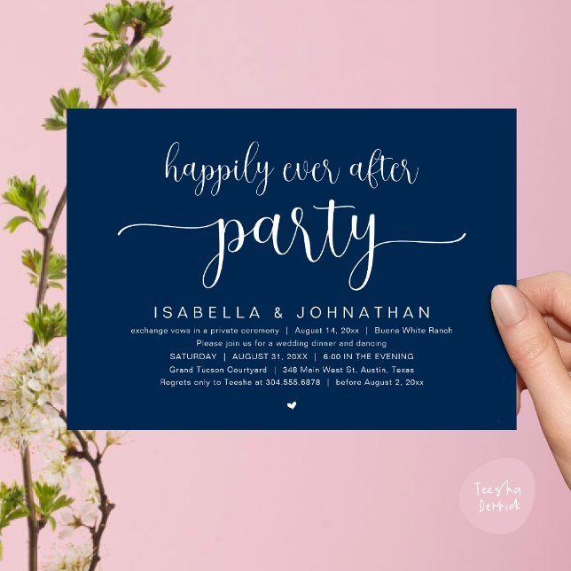 Invitation Heureux Après La Fête, Dîner Mariage Danser (Happily Ever After Party, Wedding Dinner Dancing Invitation Card, PDF, Modern Navy Blue)
