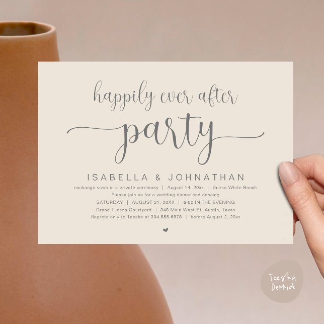 Invitation Heureux Après La Fête, Dîner Mariage Danser (Happily Ever After Party, Wedding Dinner Dancing Invitation Card, PDF, Modern Cream Grey)