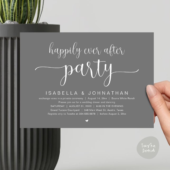 Invitation Heureux Après La Fête, Dîner Mariage Danser (Happily Ever After Party, Wedding Dinner Dancing Invitation Card, PDF, Modern Dark Grey)
