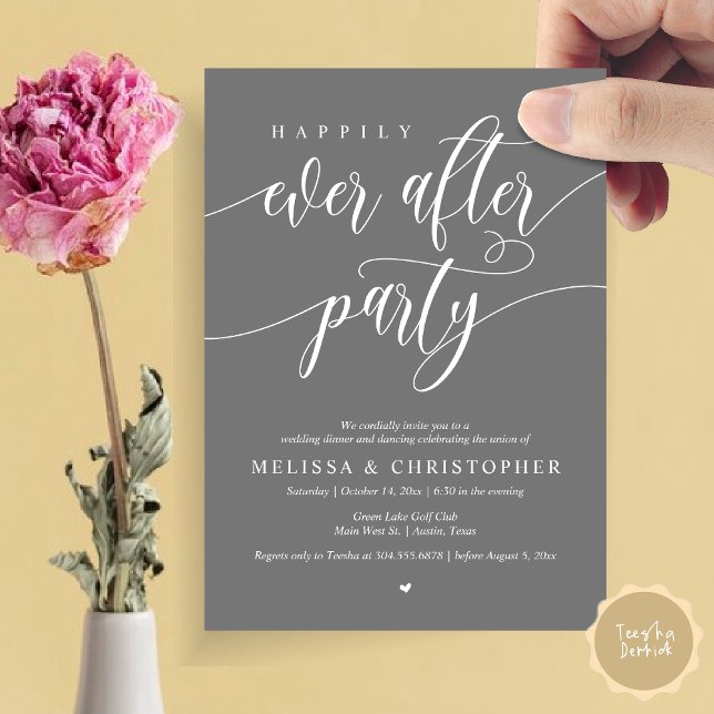Invitation Heureux Après La Fête, Dîner Mariage Danser (Happily Ever After Party, Wedding Dinner and Dancing Invitation Card, PDF, in Dark Grey)