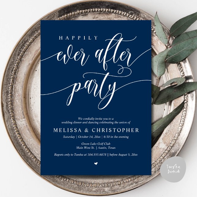 Invitation Heureux Après La Fête, Dîner Mariage Danser (Happily Ever After Party, Wedding Dinner and Dancing Invitation Card, PDF, in Navy Blue)