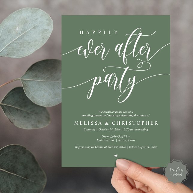 Invitation Heureux Après La Fête, Dîner Mariage Danser (Happily Ever After Party, Wedding Dinner and Dancing Invitation Card, PDF, in Forest Sage Green)