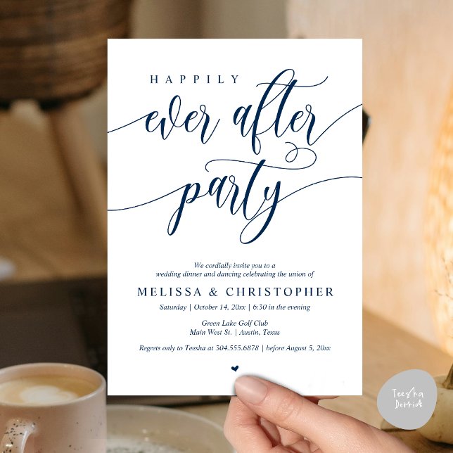 Invitation Heureux Après La Fête, Dîner Mariage Danser (Happily Ever After Party, Wedding Dinner and Dancing Invitation Card, PDF, in Navy Blue)