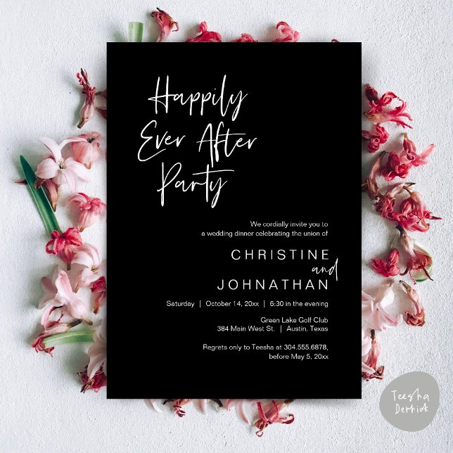 Invitation Heureux Après La Fête, Dîner Mariage Danser (Happily Ever After Party, Wedding Dinner Dancing Invitation Card, PDF, Classy Black)