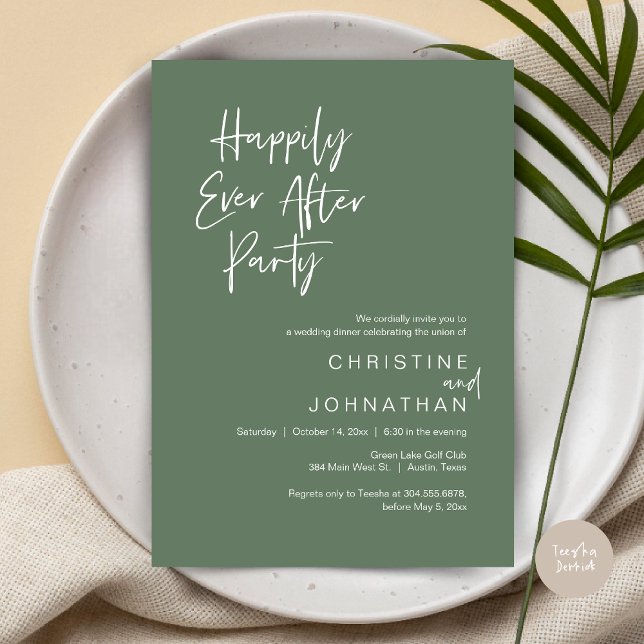 Invitation Heureux Après La Fête, Dîner Mariage Danser (Happily Ever After Party, Wedding Dinner Dancing Invitation Card, PDF, Forest Sage Green)
