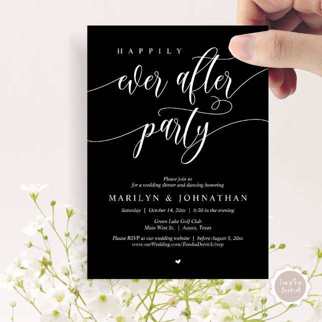 Invitation Heureux Après La Fête, Dîner Mariage Danser (Happily Ever After Party, Modern Minimalist Wedding Dinner Invitation Card, PDF, Classy Black)