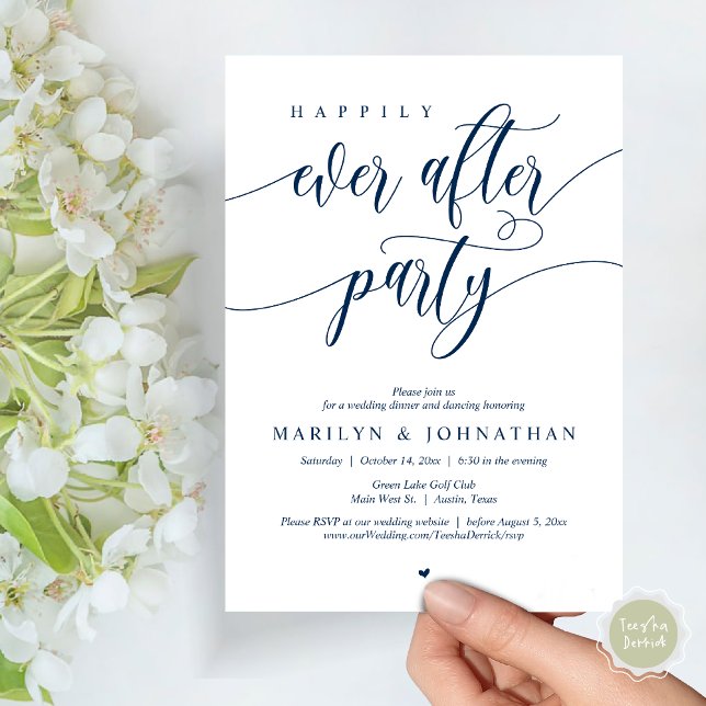 Invitation Heureux Après La Fête, Dîner Mariage Danser (Happily Ever After Party, Modern Minimalist Wedding Dinner Invitation Card, PDF, Navy Blue)