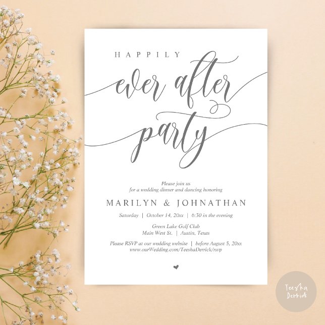 Invitation Heureux Après La Fête, Dîner Mariage Danser (Happily Ever After Party, Modern Minimalist Wedding Dinner Invitation Card, PDF, Dark Grey)
